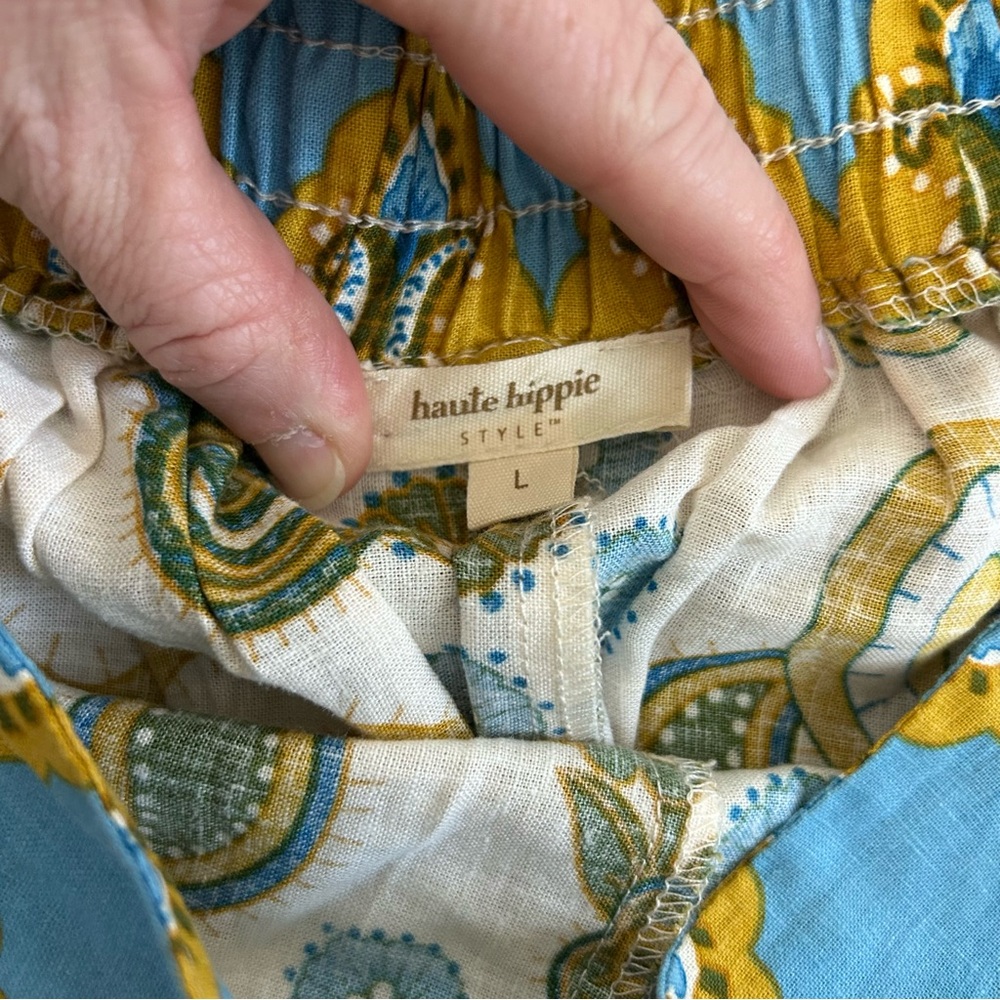 Haute Hippie High Rise Wide Leg Palazzo Boho Linen Blue Cream Pants NWOT L - Picture 5 of 9